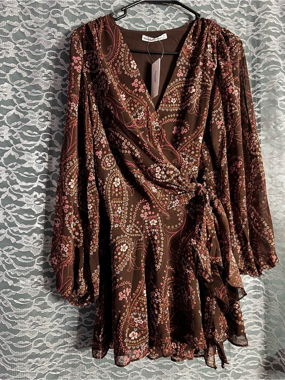 Abercrombie and Fitch Brown Floral Paisley Side Tie Mini Dress NWT Size XS - Picture 3 of 7